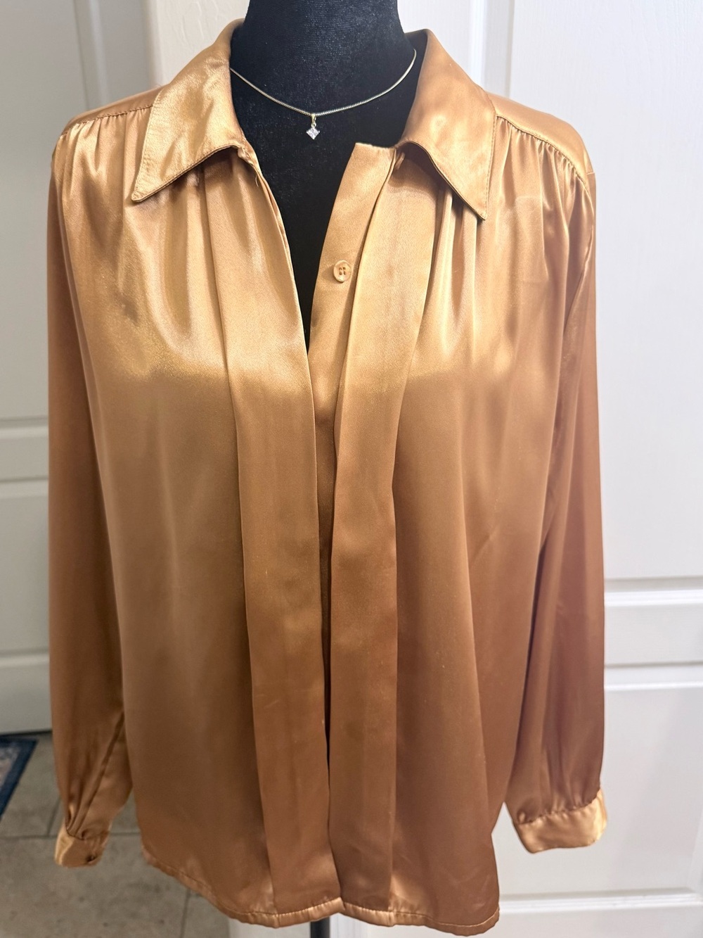 Impressions of California Bronze Gold Satin Button-Down Blouse